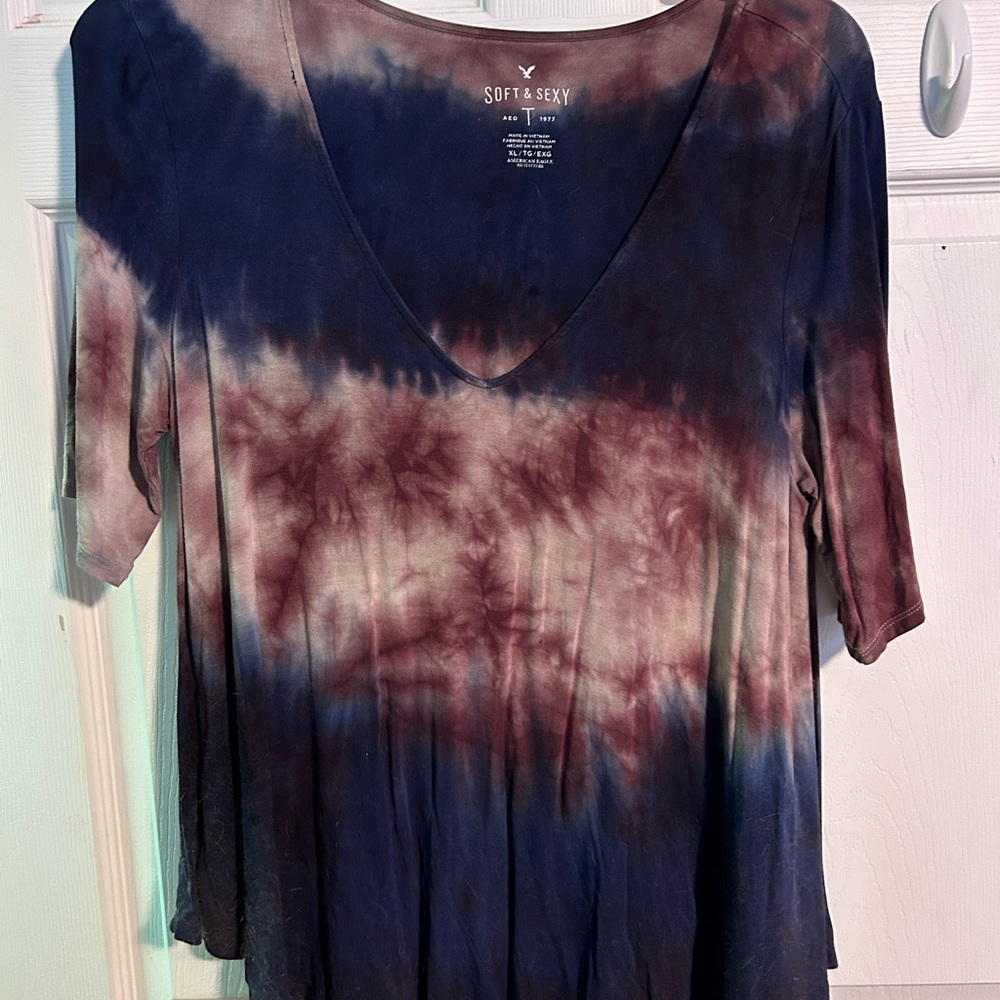 American Eagle Outfitters Blue and Brown 3/4 Sleeve Relaxed Blouse